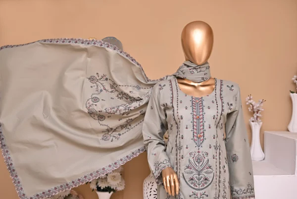 SILKY SILVER 3 PIECE COTTON EMBROIDERED SUIT {UNSTITCHED} – 5003 – BINOSMAN - Image 2