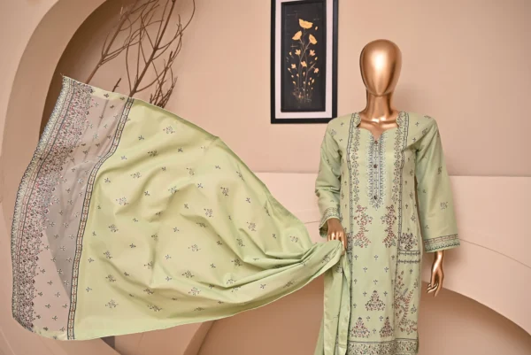 VANILA GREEN 3 PIECE COTTON EMBROIDERED SUIT {UNSTITCHED} – 6002 – BINOSMAN - Image 2