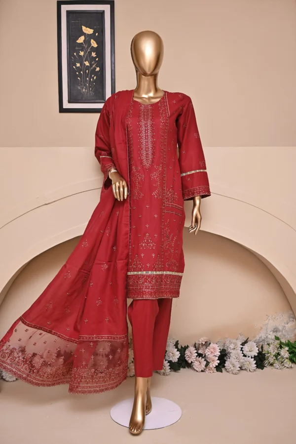 DULL RED 3 PIECE COTTON EMBROIDERED SUIT {UNSTITCHED} – 6001 – BINOSMAN