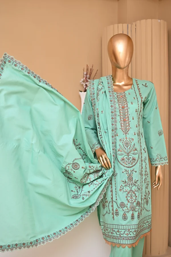 AQUA GREEN 3 PIECE COTTON EMBROIDERED SUIT {UNSTITCHED} – 5005 – BINOSMAN - Image 2