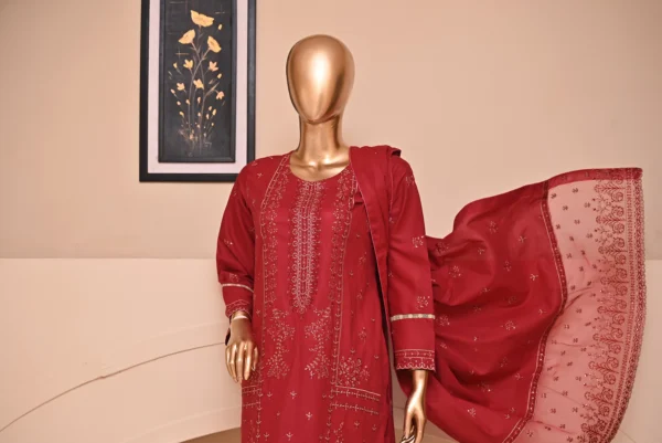 DULL RED 3 PIECE COTTON EMBROIDERED SUIT {UNSTITCHED} – 6001 – BINOSMAN - Image 2