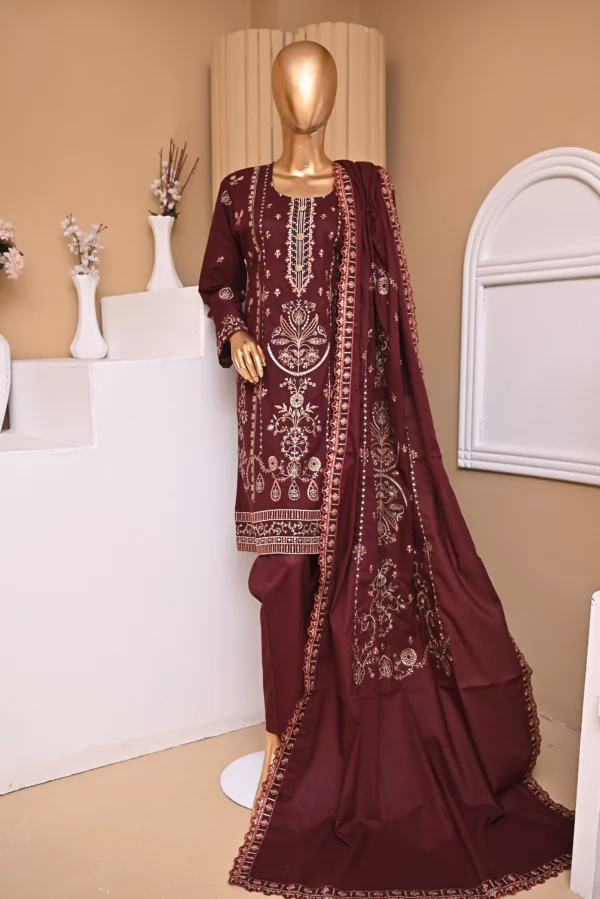 WINE BERRY 3 PIECE COTTON EMBROIDERED SUIT {UNSTITCHED} – 5004 – BINOSMAN
