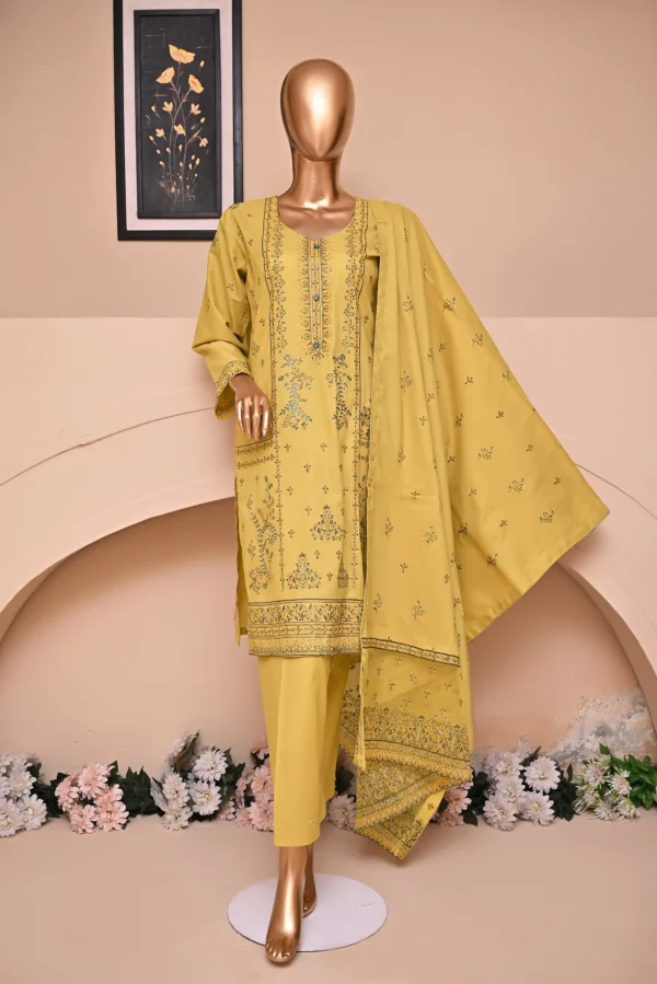 SAND YELLOW 3 PIECE COTTON EMBROIDERED SUIT {UNSTITCHED} – 6003 – BINOSMAN