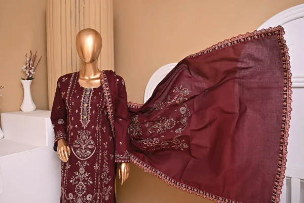WINE BERRY 3 PIECE COTTON EMBROIDERED SUIT {UNSTITCHED} – 5004 – BINOSMAN - Image 2