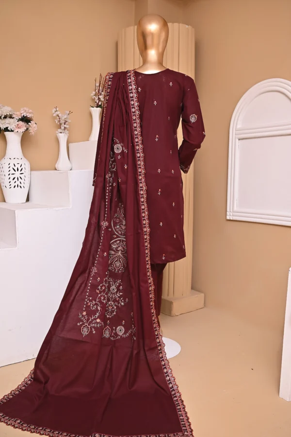 WINE BERRY 3 PIECE COTTON EMBROIDERED SUIT {UNSTITCHED} – 5004 – BINOSMAN - Image 3