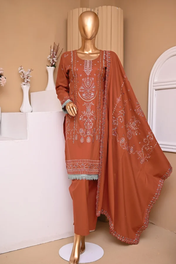 RUST BROWN 3 PIECE COTTON EMBROIDERED SUIT {UNSTITCHED} – 5006 – BINOSMAN