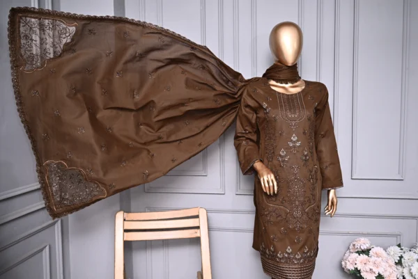 WALNUT BROWN 3 PIECE LAWN DORIA EMBROIDERED SUIT {UNSTITCHED} – 0106 – BINOSMAN - Image 2