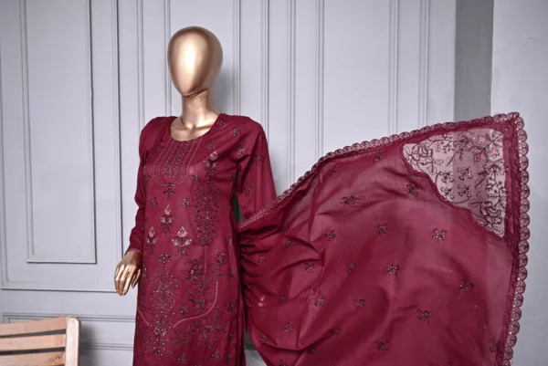 MAROON 3 PIECE LAWN DORIA EMBROIDERED SUIT {UNSTITCHED} – 0102 – BINOSMAN - Image 3