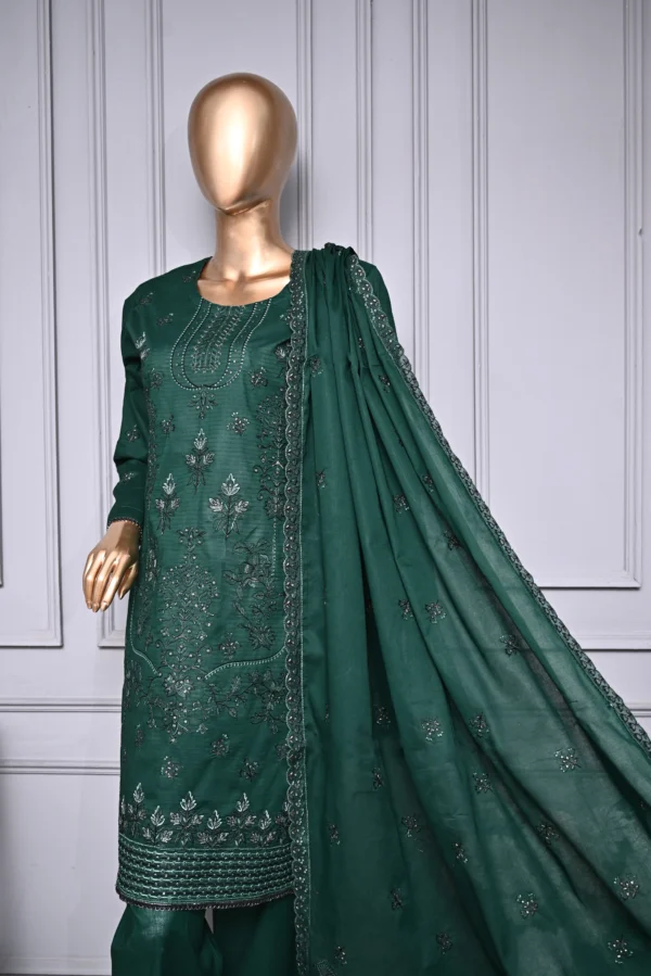 BEETLE GREEN 3 PIECE LAWN DORIA EMBROIDERED SUIT {UNSTITCHED} – 0104 – BINOSMAN - Image 3