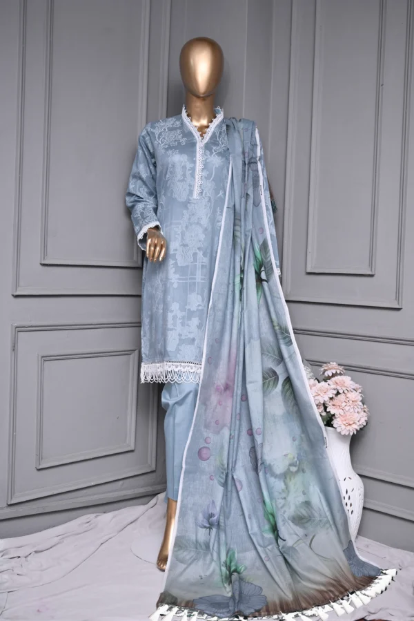 COOL GREY 3 PIECE LAWN JAQUARD SUIT {UNSTITCHED} – 8007 – BINOSMAN