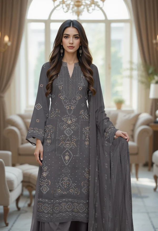 3206 – 3 PIECE VISCOSE BANA DORIA EMBROIDERED SUIT {UNSTITCHED} –BINOSMAN - Image 2